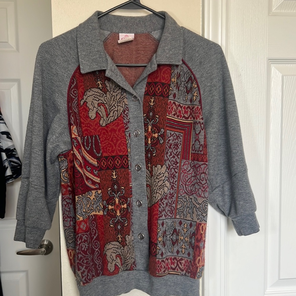 Awesome Graff retro VINTAGE gray red patchwork look  3/4 sleeve  buttons M